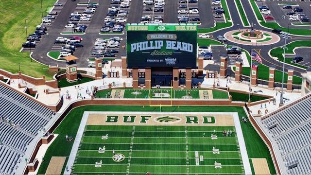 Aerial view of the double-sided LED scoreboard at Phillip Beard Stadium in Buford, Georgia